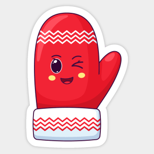 Cartoon Kawaii Left Santa Mitten with Winking Face Sticker